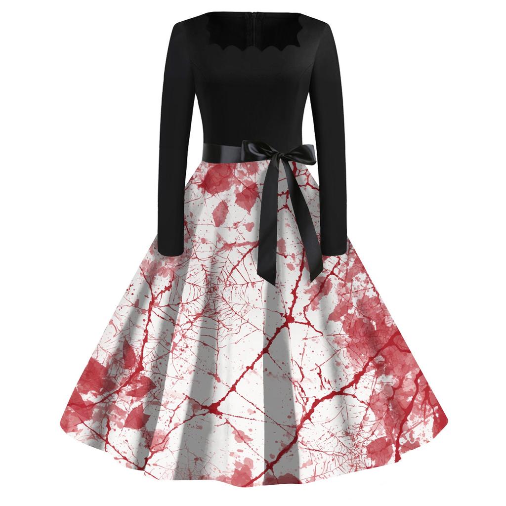 Женское повседневное модное платье винтажного стиля с квадратным вырезом и принтом на Хэллоуин