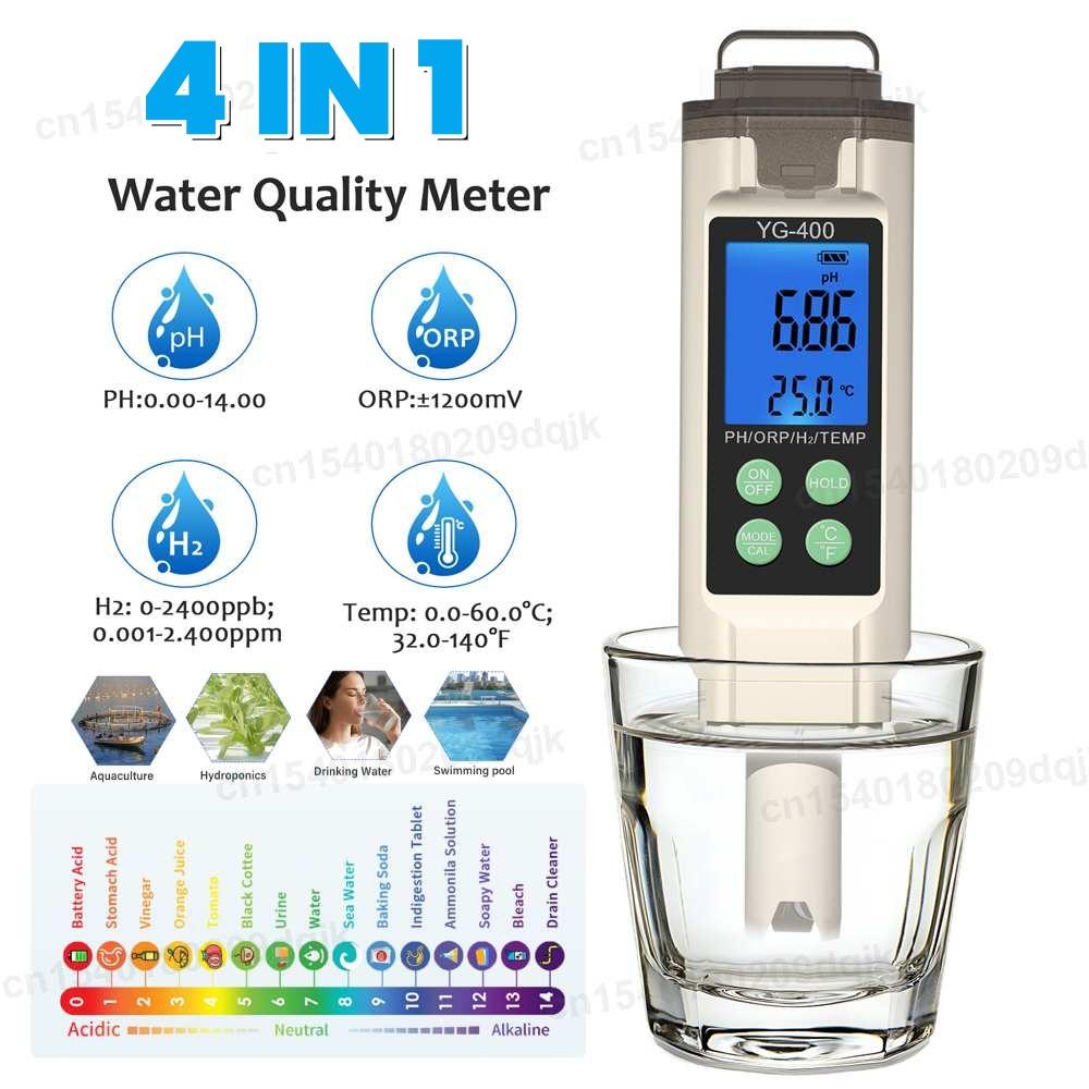 4 in 1 Digital PH ORP Temperature H2 Meter ppm ppb Dissolved Hydrogen Water Tester for Aquarium Drinking Water Hydroponics Pool