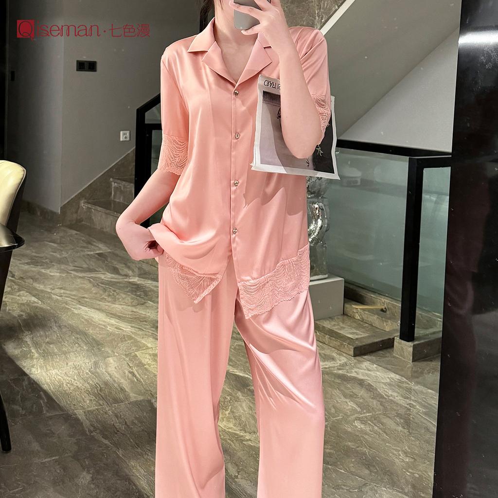 Simple short-sleeve pajama set for women, cool thin women's loungewear, high-end ice silk pajamas for women