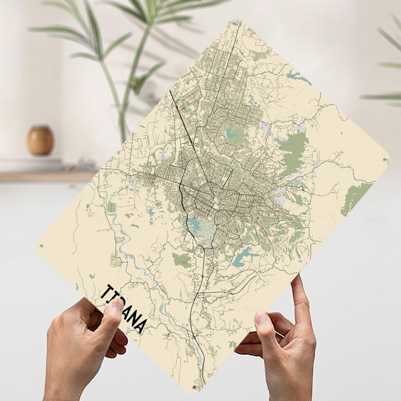 Tirana City Map Printed Poster Customized Wall Art Retro Vintage Metal Tin Signs for Room Decoration Garage Decorations Man Cave