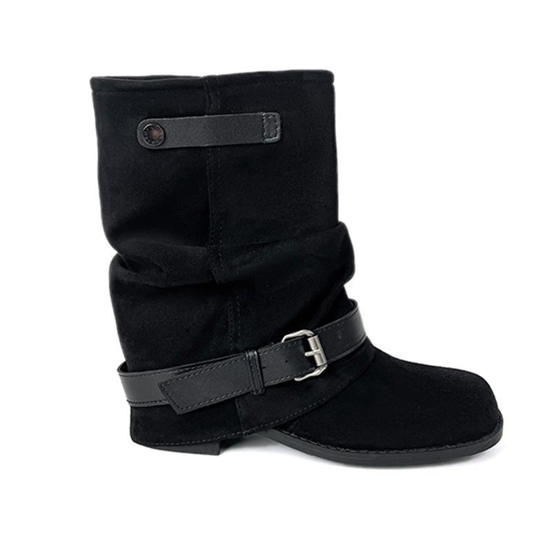 Ретро квадратный носок плиссированная манжета толстая подошва штабелируемые ботинки 2025 осень и зима двубортная пряжка ремень толстый каблук короткая голень ботинки Мартин