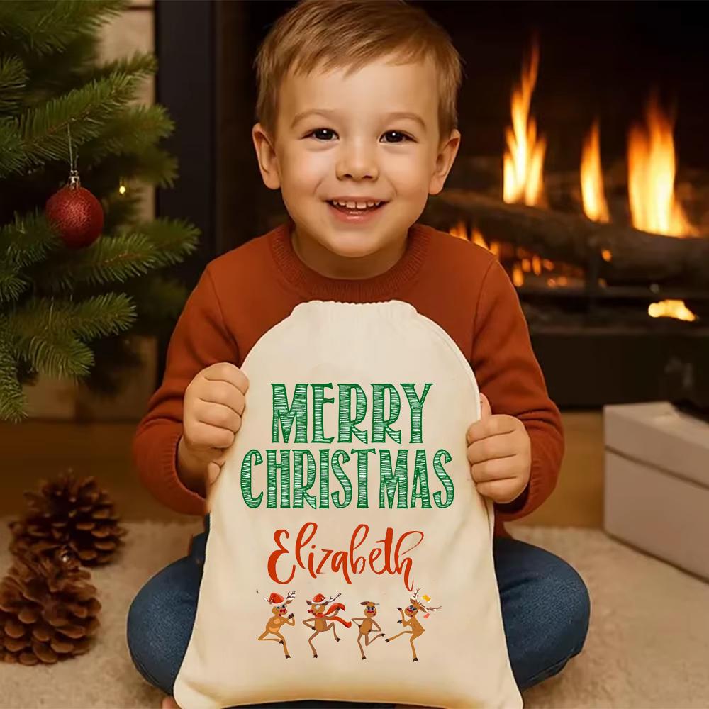 Personalized Santa Sack Merry Christmas Dancing Reindeer Christmas Gifts From Santa Claus Drawstring Gift Bag Christmas Stocking