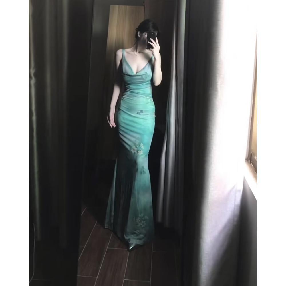 Платье-сарафан с отложным воротником и принтом бабочек, женская летняя юбка «рыбий хвост», юбка по талии, подчеркивающая фигуру, облегающее бедра платье