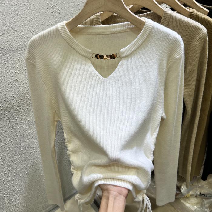 Designed Drawstring Hollow Sweater Women's Long-sleeved Autumn New Style Slim Temperament Niche Knitted Inner Top