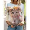 Christmas Cute Cat Women's Long Sleeves T-Shirt Round Neck Long Sleeved Autumn Animal Clothing  Holiday Fashion Party T-Shirt