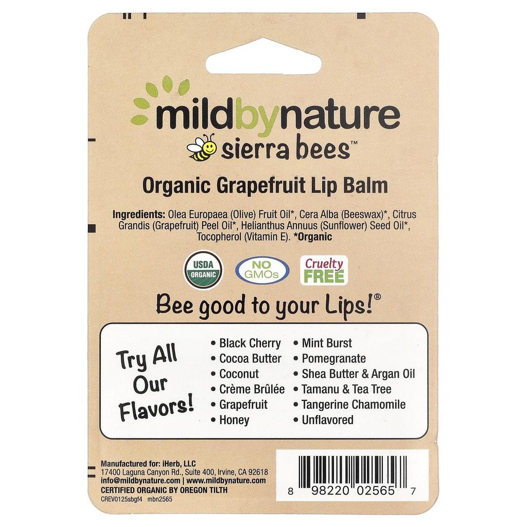 Mild By Nature Sierra Bees™, Organic Lip Balm, Grapefruit, 4 Pack, 4.25 G (0.15 Oz) Each