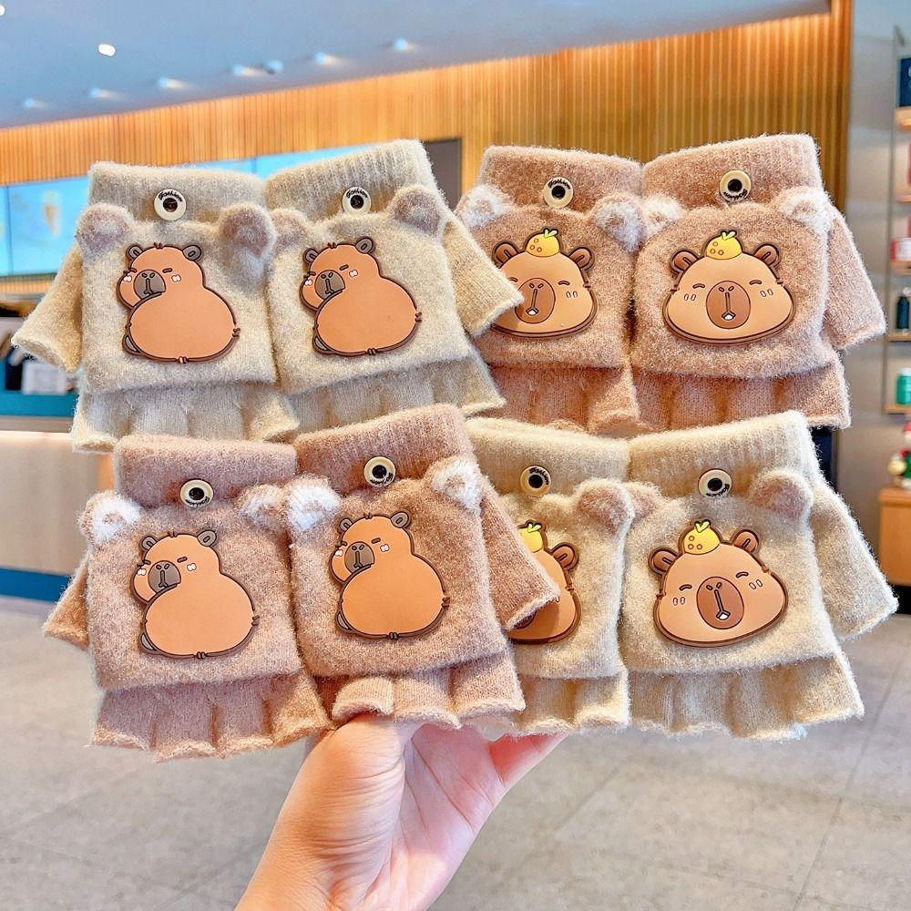 Thickened Kids Knitted Mitten Cute Capybara Winter Flip Gloves New Writing Gloves Outdoor