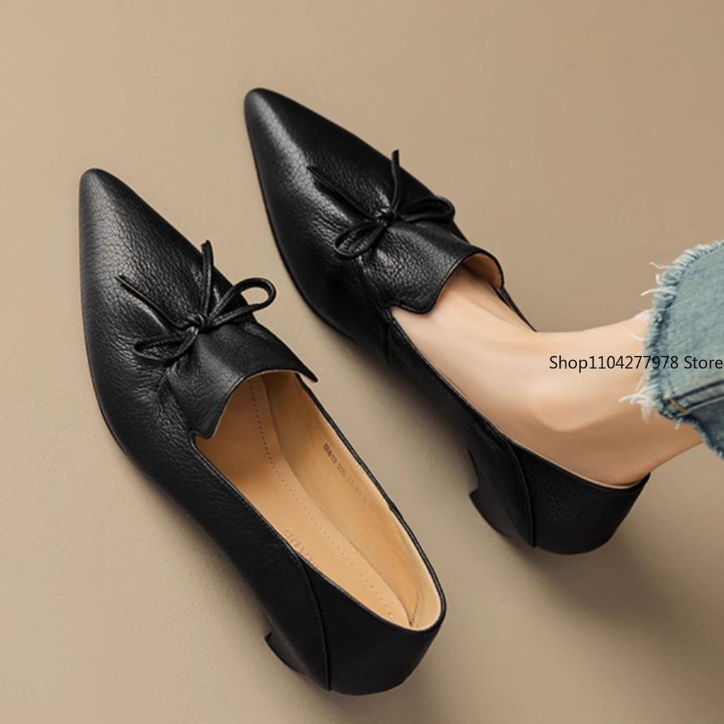 Fashion Phoentin Office Ladies Elegant Black Shoes Women's Pointed Toes Mid Heels 2025 New Genuine Leather Retro Pumps Bow Pointed