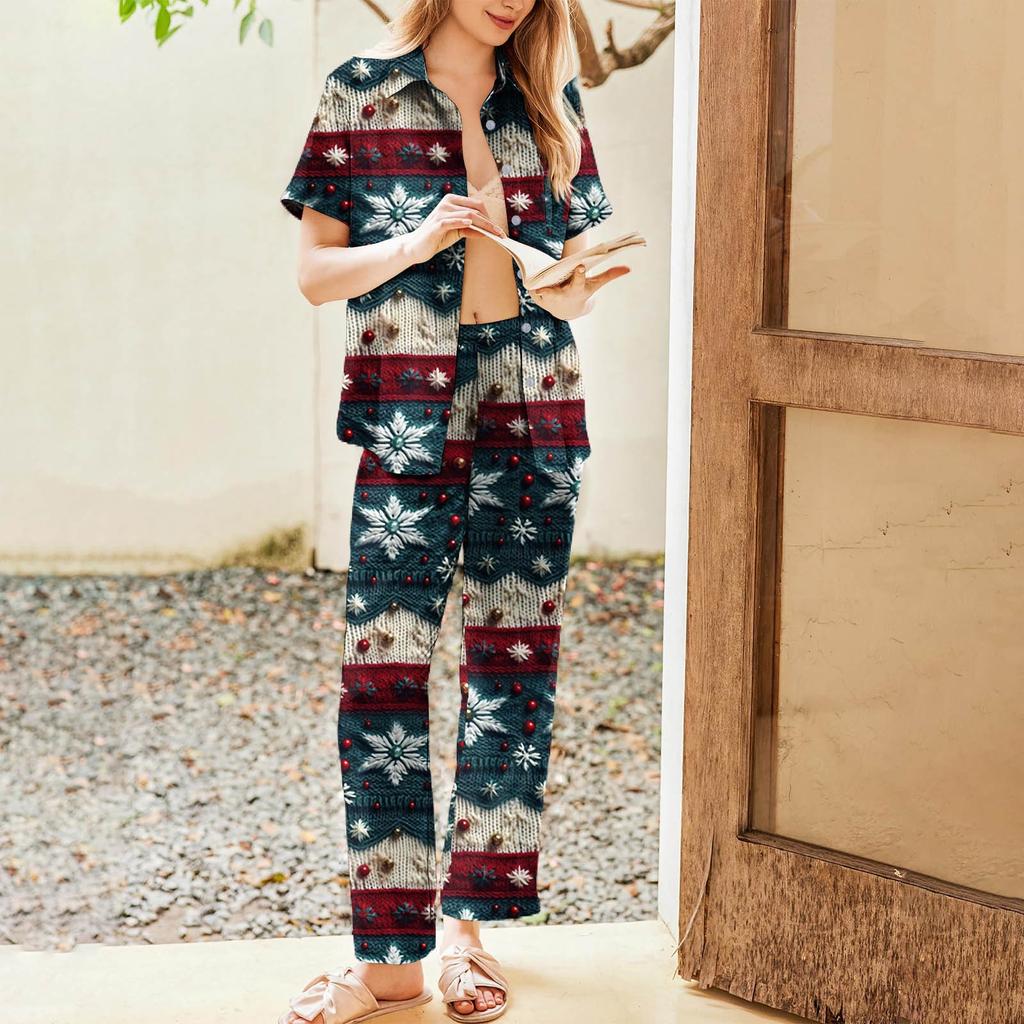 Women's Christmas Print Pajama Set Women's Short Sleeve Long Pants Two-piece Set Button-up Home Clothes