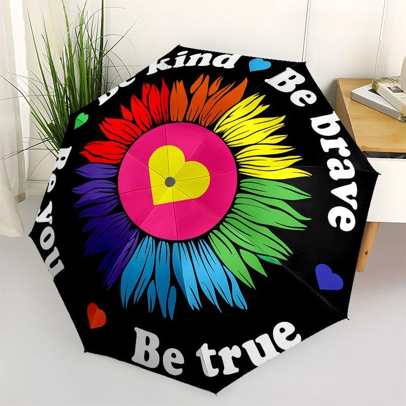 Be Kind, Be Brave: Rainbow Flower Sticker Umbrella, Cute Umbrella with Cute Design, Portable 3-Fold Compact Umbrella for Men & Women, Valentine's Day