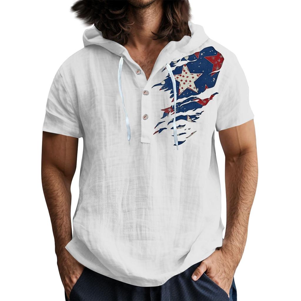 Мужская повседневная футболка с короткими рукавами, капюшоном и открытым воротом на пуговицах