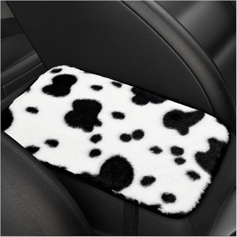 Cow Print Car Accessories Set, Soft Fluffy Plush Cute Cow Steering Wheel Cover & Handbrake Cover, Warm Furry Cow Print Armrest Mat & Shift Gear