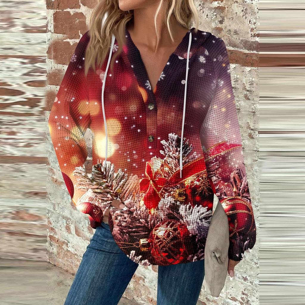 Женская мода с длинным рукавом, завязками на шнурке, капюшоном, пуговицами, V-образным вырезом, повседневная толстовка с капюшоном и рождественским принтом