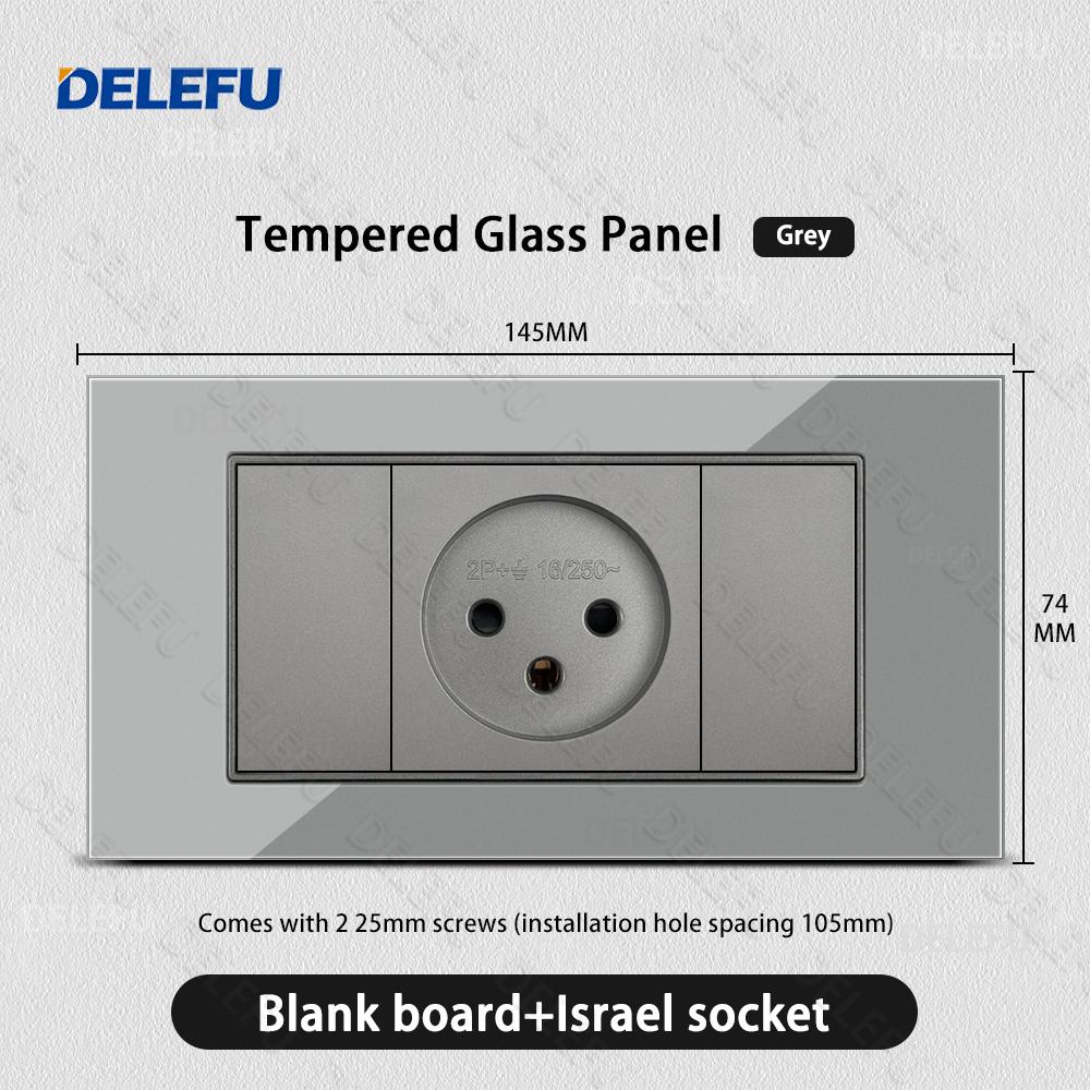 DELEFU Glass SC70 Panel 145mm Grey Israeli Standard USB C-type Fast Charging Wall Socket Switch TV Phone CAT5 CAT6