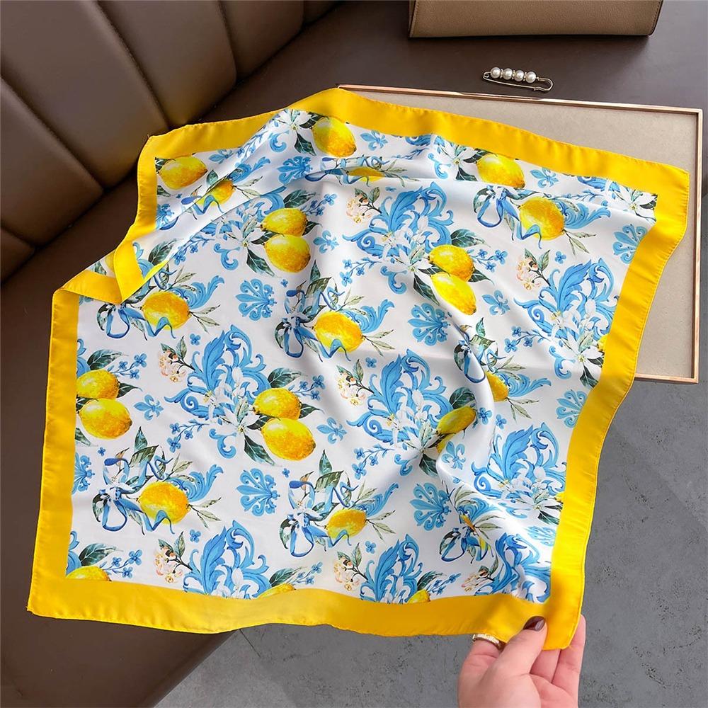 Elegant Yellow Neck Scarf Lemon Print Shawl Breathable Square Silk Scarf for Women