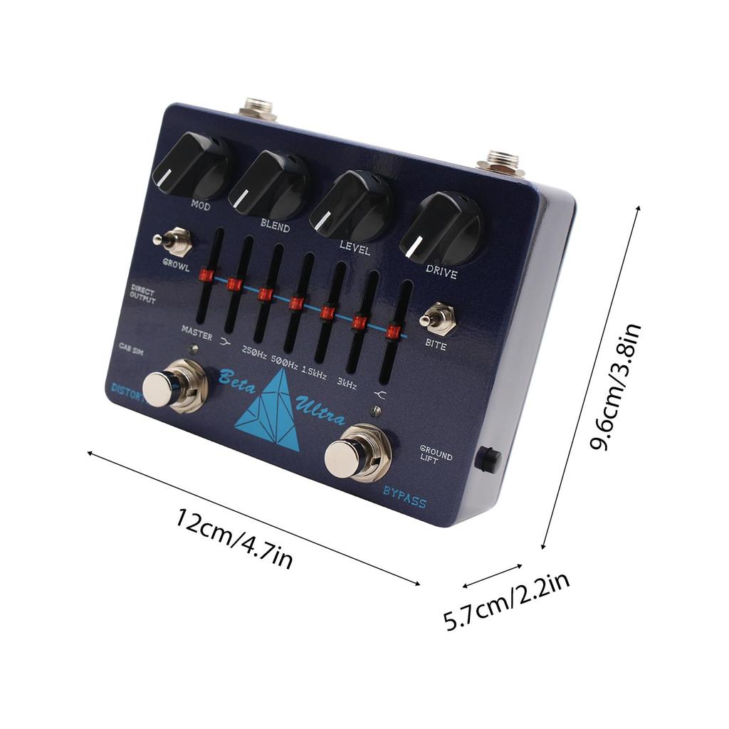 summina Beta Ultra Distortion Pedal with Alpha Omega Dual Mode DI Headphone Amp and Bass Effects Aluminum Professional Grade Box, 6-Band EQ, Output,