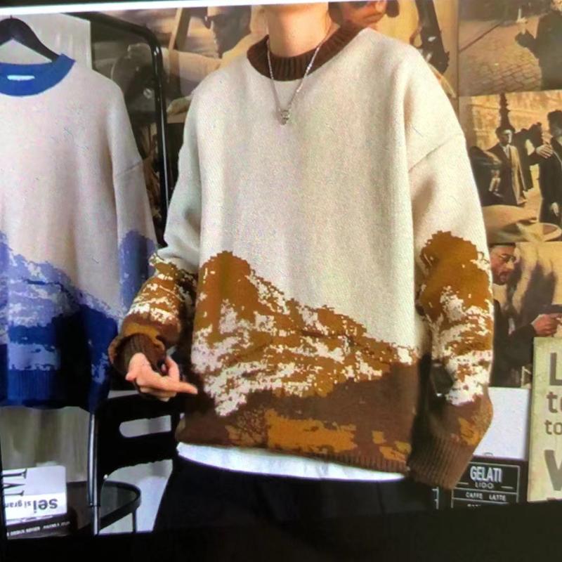 Осень и зима Tie-Dye Snow Mountain Модный брендовый свитер с круглым вырезом Мужской свободный свитер Свитер с длинными рукавами для колледжа для мужчин