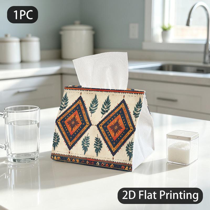 1pc Tissue Box, Tribal Style Geometric Fern Warm Ethnic Pattern, 2D Flat Printing, Serves Multiple Purposes, Built to Last, Napkin Box, for Car Use
