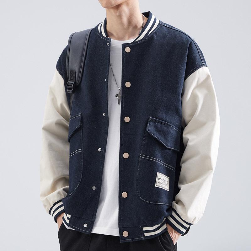 Hansca American Retro Contrasting Denim Jacket Men'S Trendy Brand Loose Large Size Lapel Baseball Jacket Jacket