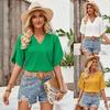 Женская весна-лето однотонная рубашка с короткими рукавами, свободная блузка с V-образным вырезом, пуловер, топ S-XL