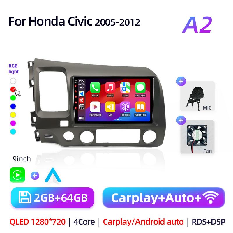 9" Android 12 Carplay автомобильный стерео радиоприемник для Honda Civic 8 2005 - 2012 мультимедийный плеер навигация GPS 2 Din 4G аудио DVD