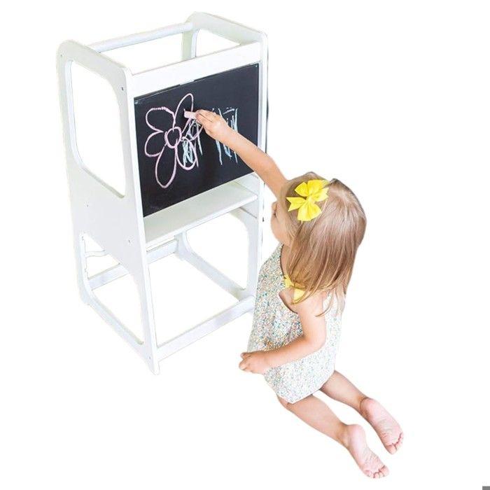 Tour d’apprentissage Montessori GINGER HOME blanche avec tableau noir et hauteur réglable – meuble éducatif pour enfants 1 à 4 ans