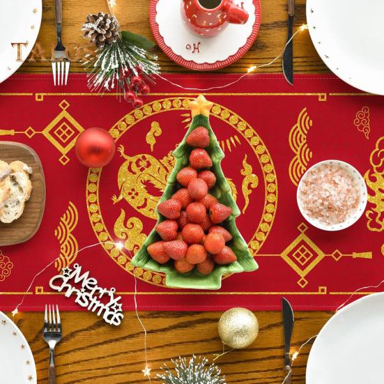 New Year Table Runner Dragon Print Thick Foldable Firm Stitching Sequin Happy Chinese New Year Table Decoration Protection Anti-scalding Holiday