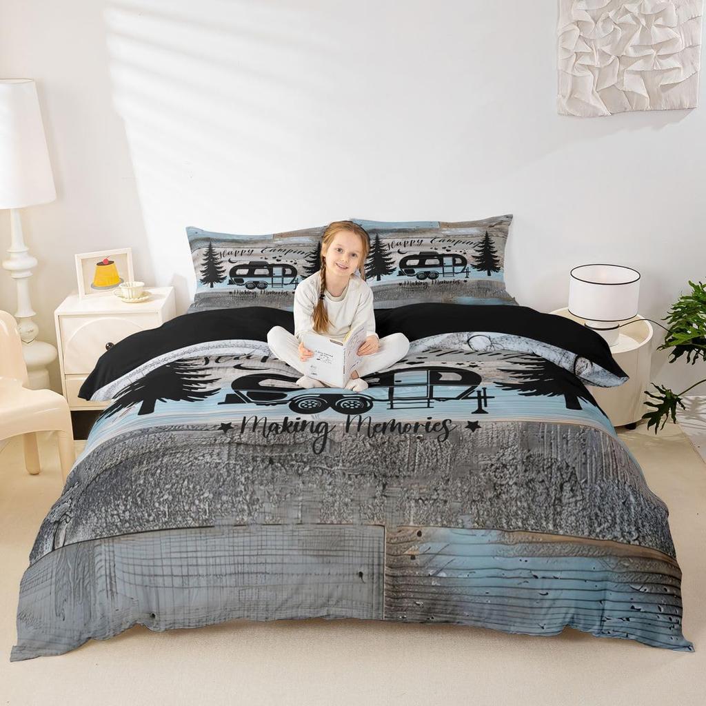 Erosebridal Rustic Farmhouse Bedding - Happy Camping Duvet Cover for Boys Kids Teens, Black Sketch Drawing Comforter Cover Vintage Old Barn