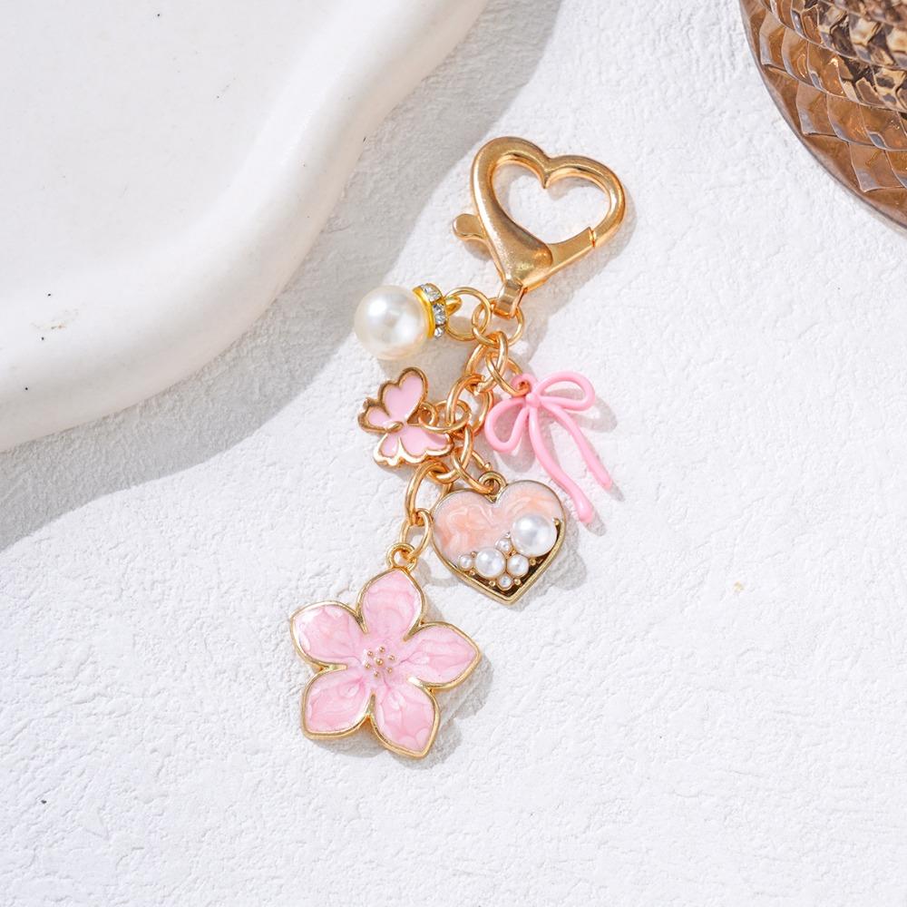 Elegant Zinc Alloy Keychain Heart Shape Pearl Accent Bag Charm Butterfly Shape Enamel Flower Pendant Charm Bag Decoration