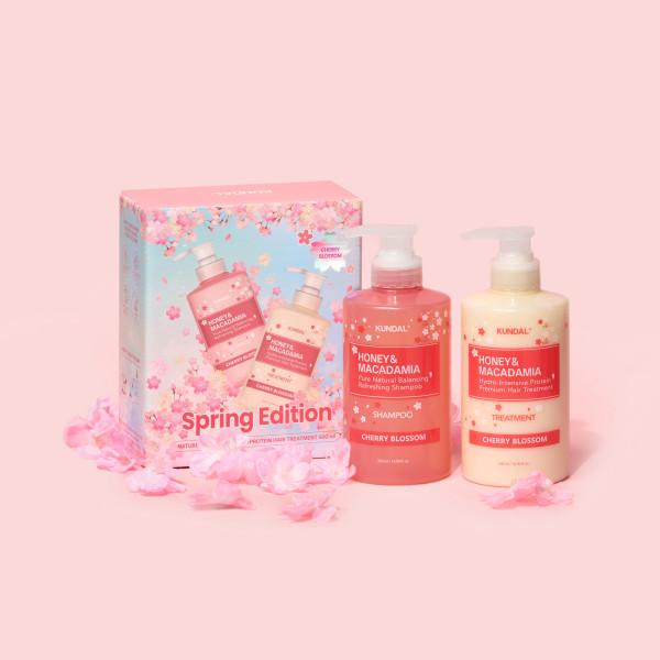 KUNDAL Spring Edition Cherry Blossom Nature Shampoo 500 мл + Protein Treatment 500 мл, корейская косметика с приятным ароматом