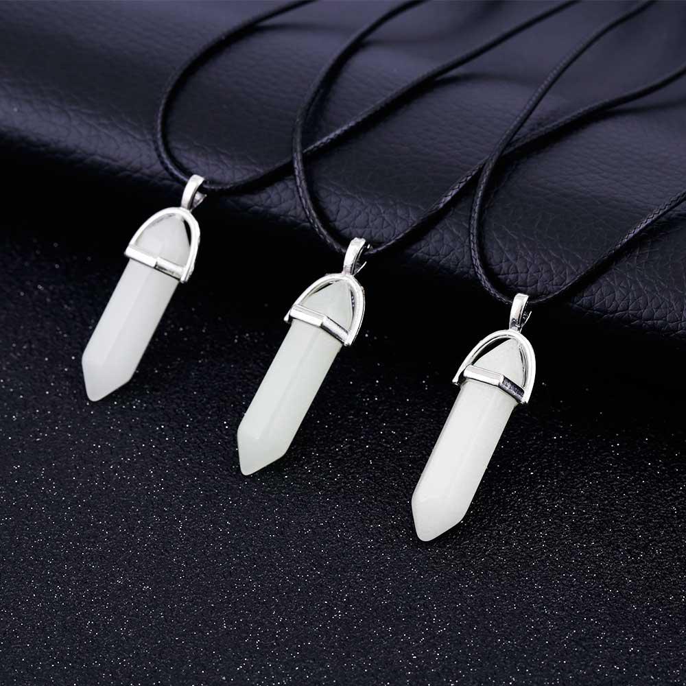 Светящийся камень флуоресцентный шестиугольный столбик ожерелье натуральный кристалл драгоценный камень кулон кожаная цепь ожерелье ADM