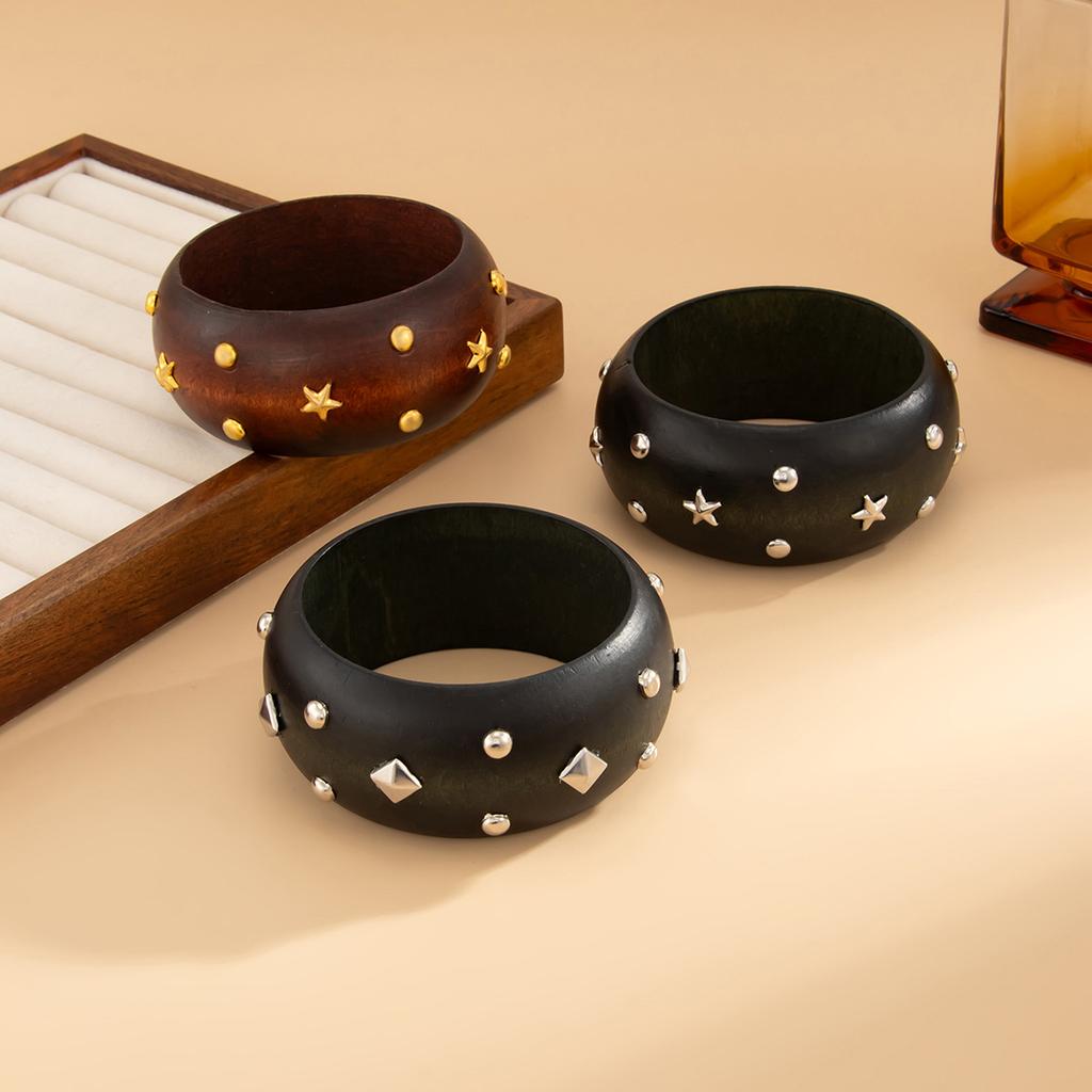 Ретро Мода Пятиконечная Звезда Клепка Деревянный Браслет Манжеты Y2k Панк Стиль Геометрический Винтажный Браслет Ювелирные Изделия Мода Хип-хоп Гранж Pulseras Mujer