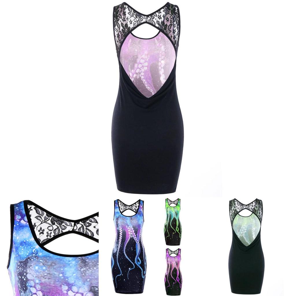 Women Summer Delicate Sleeveless Cut Out Octopus Print Mini Dress With Lace Stitching
