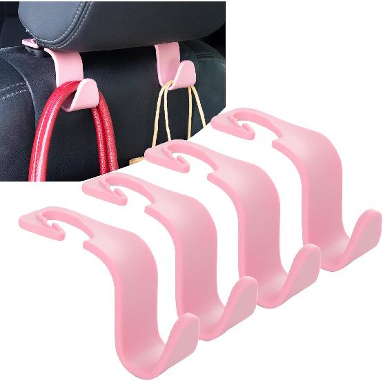 Amooca Car Seat Headrest Hook 4 Pack Hanger Storage Organizer Universal For Handbag Purse Coat Universal Fit Vehicle Car Pink With Clip