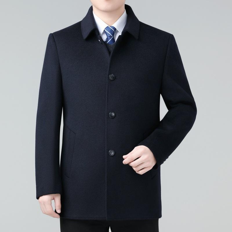 Двустороннее шерстяное кашемировое пальто для мужчин среднего возраста, утолщенное шерстяное пальто, ветровка средней длины с пуховой подкладкой для папы