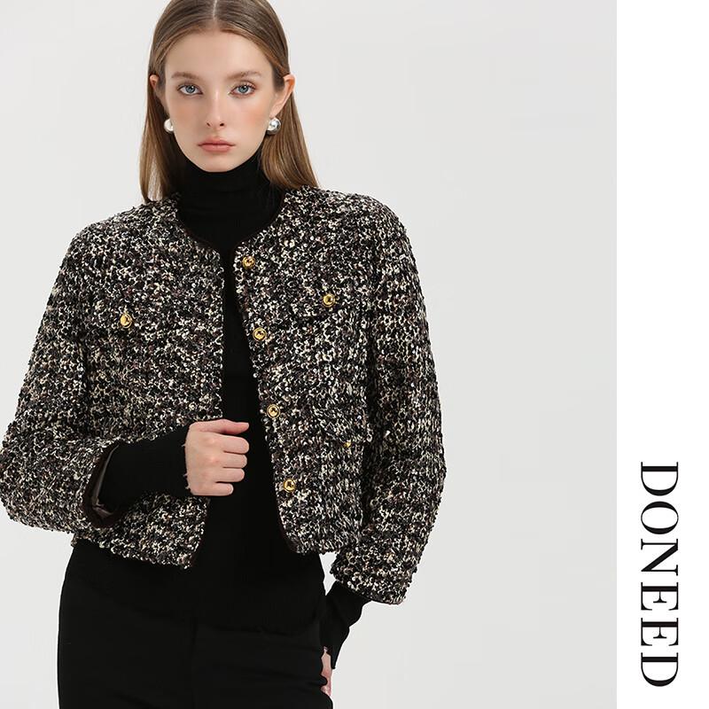 DONEED Women's Tweed Sequin Round Neck Jacket
