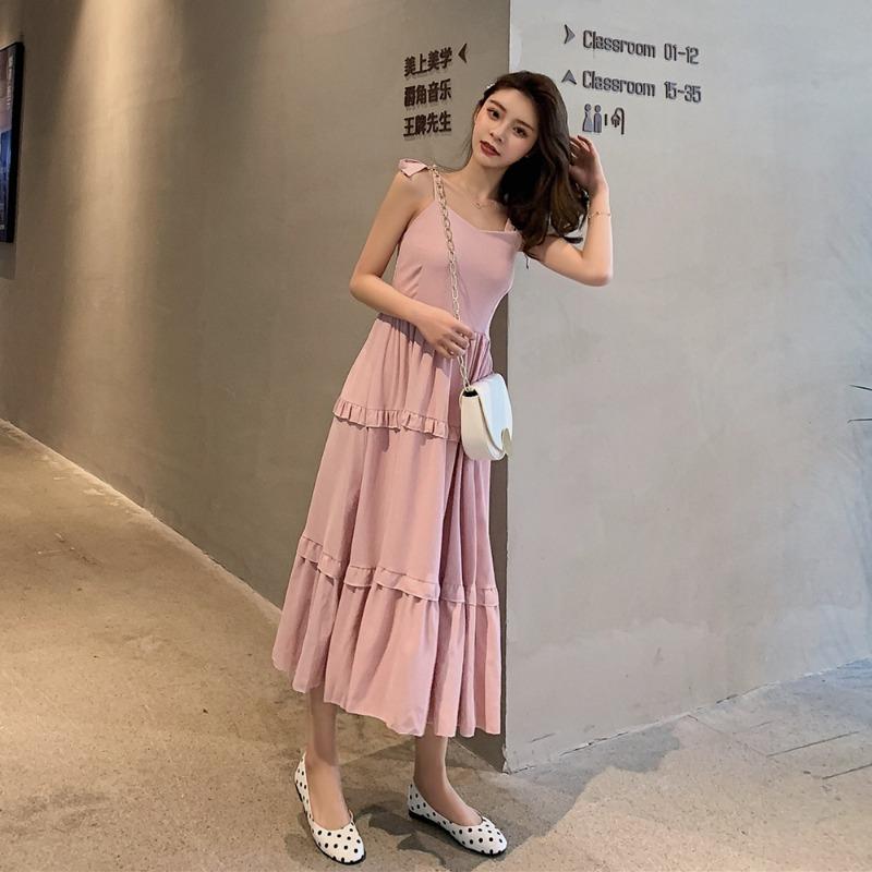 Летнее новое однотонное платье с бантом и сексуальными бретельками, женское ретро-платье с высокой талией, повседневное свободное длинное платье, женское модное облегающее элегантное платье с оборками 26371