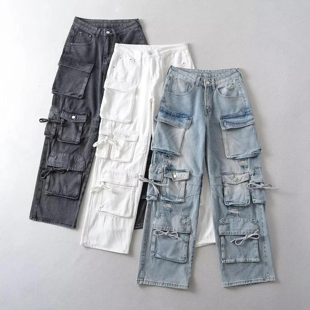 Autumn Street Style Multi-Pocket Splicing Jeans: European & American Casual Straight-Leg Trousers
