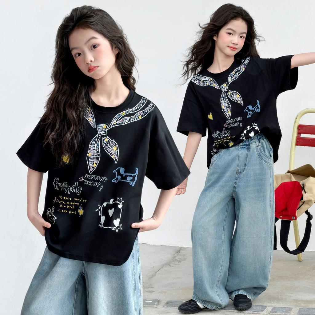 Girls Summer Loose Short Sleeve T Shirt Lightweight Graffiti Print for Big Kids
