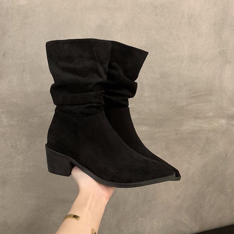 Vintage Pointed Toe Women Western Cowgirl Boots Fashion Slip On Shoes Autumn Winter Square Heel Women's Suede Short Booties