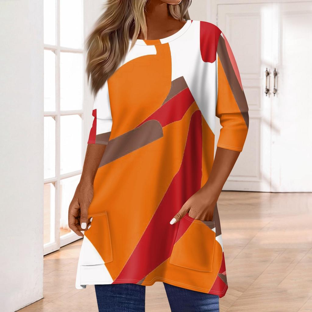 3/4 рукава кармана топы для женщин футболка повседневный принт средней длины топы футболка круглый вырез пуловер блузка