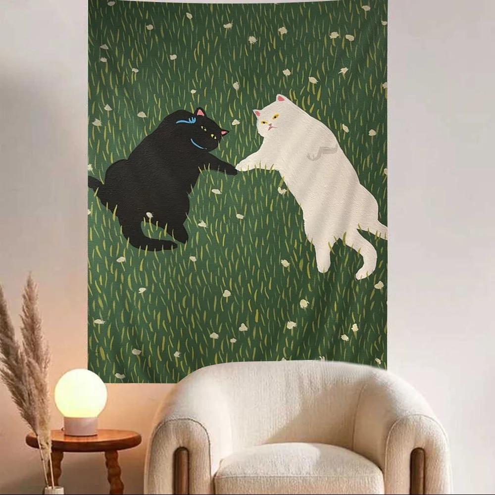 VIKAMA Double Cat Tapestry with Green Field And Flower Motifs Cute Pet Theme Wall Decor for Bedroom And Living Room