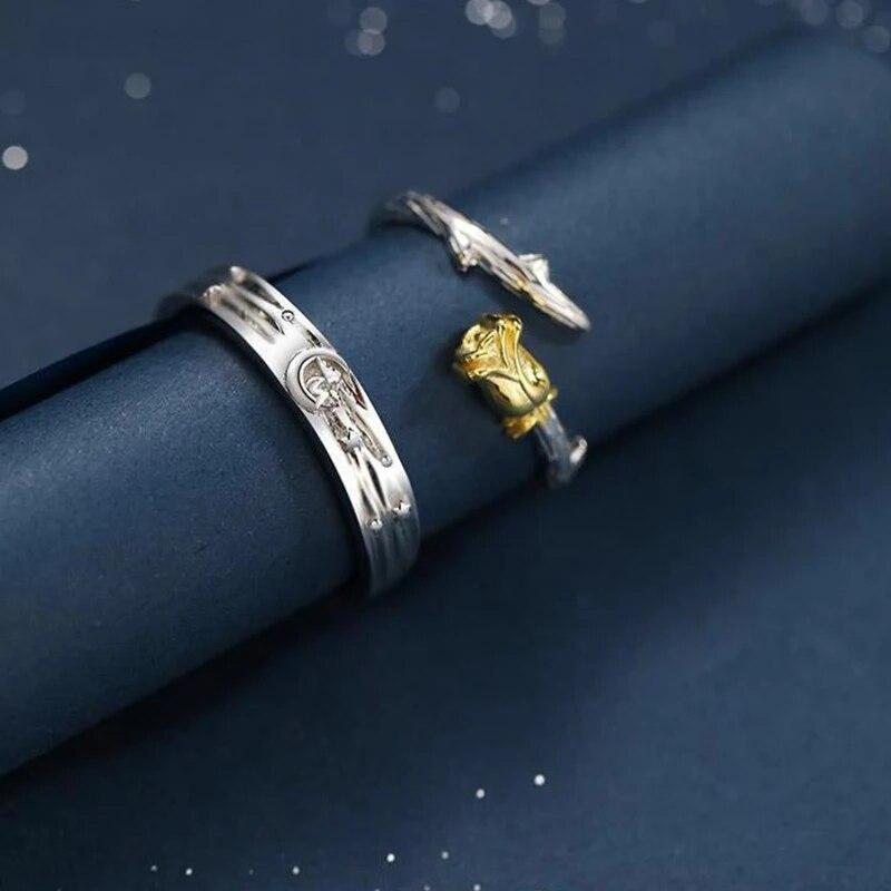 1 шт. серебряного цвета, кольца для пары «Маленький принц/Цветок розы», унисекс, романтическое открытое регулируемое кольцо для влюбленных, ювелирные изделия, подарок на день Святого Валентина