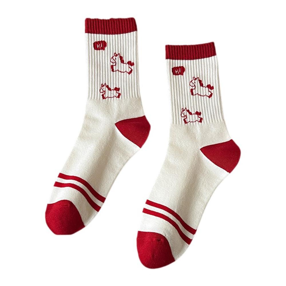 Cotton Cartoon Red Socks Soft Zodiac Year Socks Cute Year of The Horse Socks  Gift