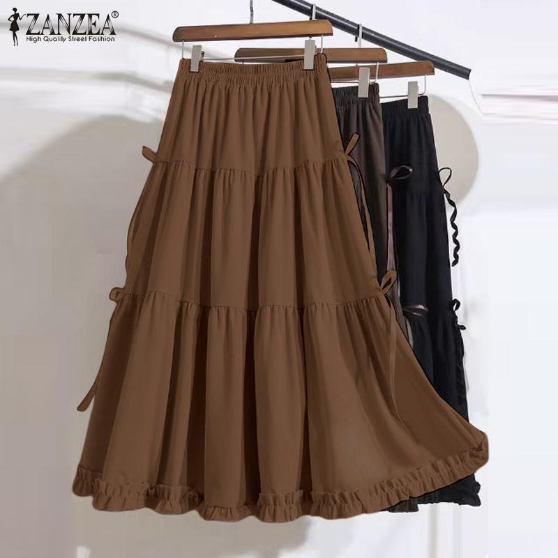 ZANZEA Женские летние юбки А-силуэта с эластичной резинкой на талии и завязывающимся узлом и оборками по подолу