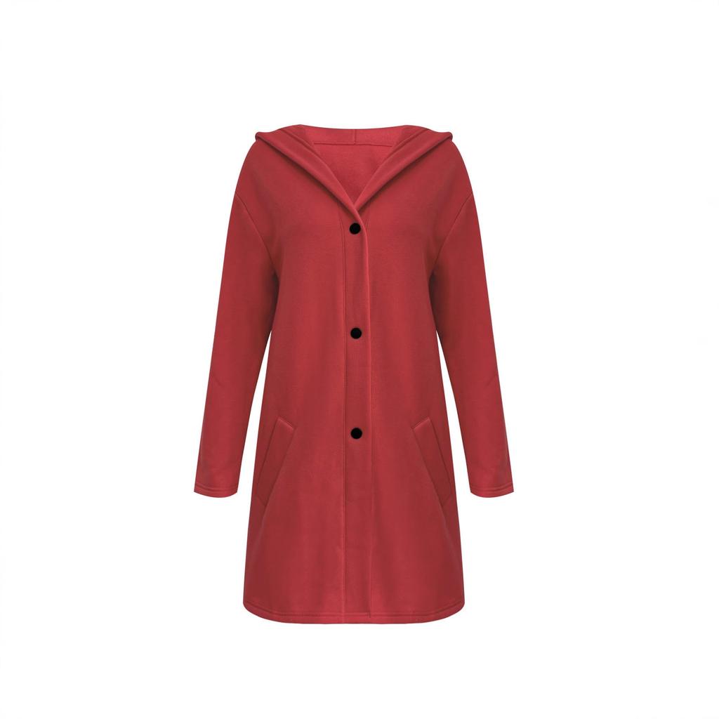 Женское пальто большого размера однотонное с капюшоном толстое на пуговицах для осени и зимы