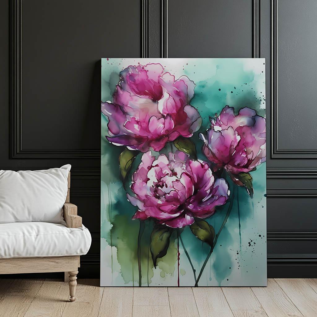 Розовые Пионы На Зеленом Фоне Розовые Пионы На Зеленом Фоне, 30x40 См, Черная Алюминиевая Рама, Матовая Бумага 230 г/м²