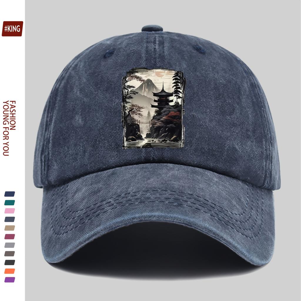 Japanese Pagoda Mountain Print Washed Baseball Cap Unisex Cotton Adjustable Curved Brim Outdoor Golf Hat