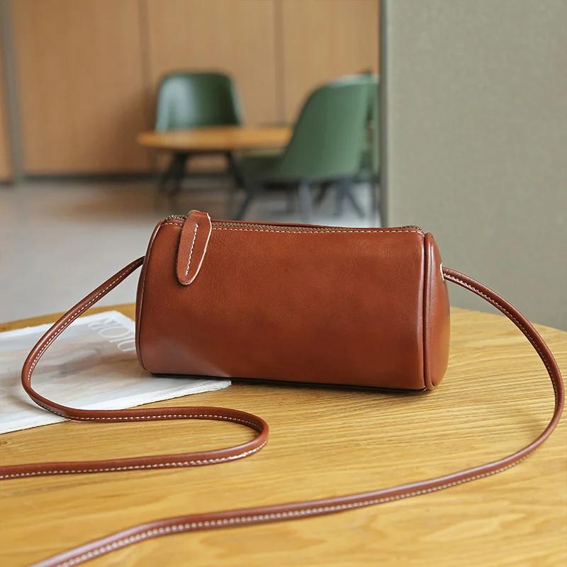 Popular Genuine Cowhide Cylinder Bags Retro Fashion Messenger Bag Women Designer Shoulder Bag