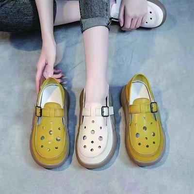 Босоножки в стиле ретро с мешком на голове, женская летняя одежда, новая модная обувь для мам, мягкая кожа, толстая подошва, дышащая, полая, с двумя отверстиями для ношения